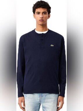 Lacoste Men's Long Sleeve Henley crew Shirt Navy Blue Pima Cotton Crocodile M L